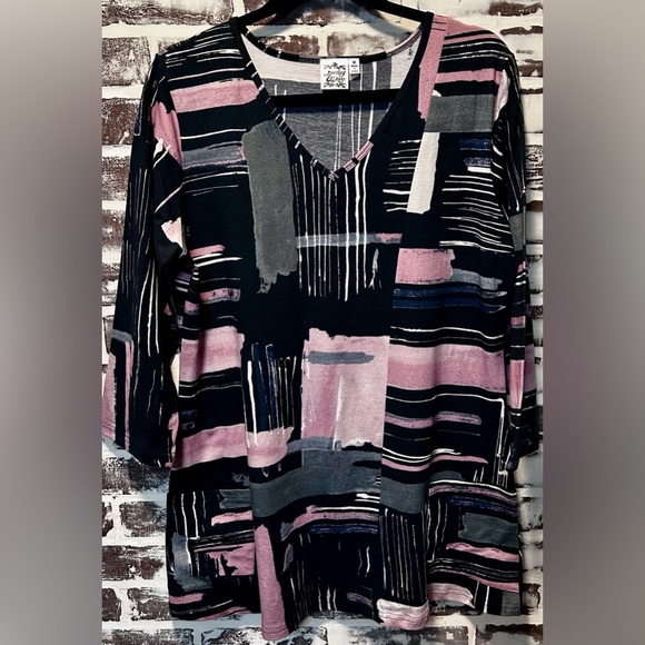 Parsley & Sage Pink Navy Abstract Print V-Neck Tunic Pockets Art To Wear Size M - Picture 4 of 8